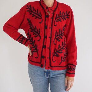 Vintage Amanda Smith Red Black Beaded Leaf Embroidered Holiday Cardigan L